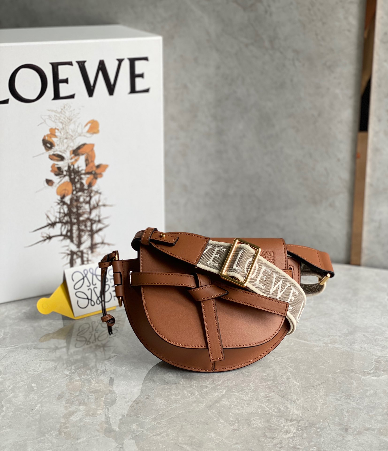 Loewe Mini Gate Dual Bag in Soft Calfskin and Jacquard Brown